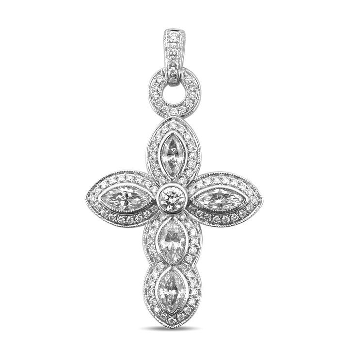2.62ctw Marquise & Round Brilliant Natural Diamond Cross Pendant in 18k White Gold