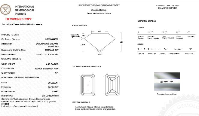 Loose 4.40 Carats Emerald Cut Fancy Brownish Pink Lab-Grown Diamond, IGI Graded