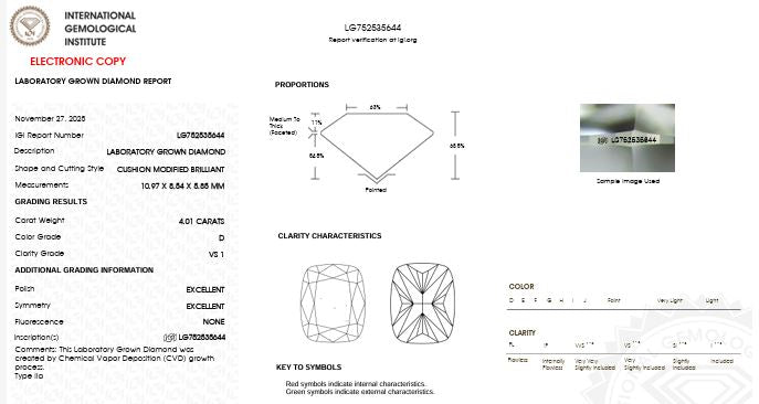 IGI Graded 4.01ct Cushion Cut with Hidden Halo Lab-Grown Diamond Engagement Ring in 14k White Gold