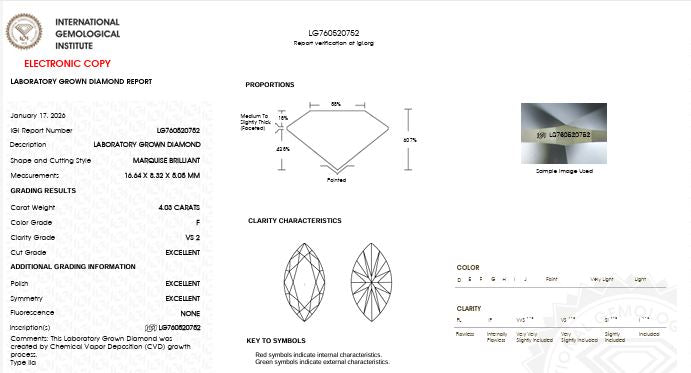 IGI Graded 4.03ct Marquise Center with Round Brilliant Lab-Grown Diamond Hidden Halo Engagement Ring in 14k Yellow Gold