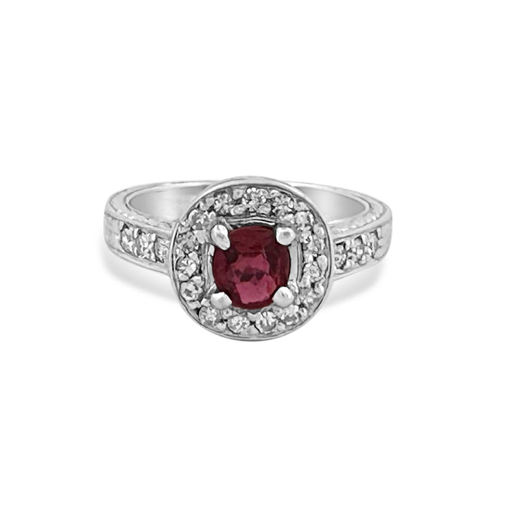 Round Ruby and Round Diamond Halo Cocktail Ring in 14k White Gold