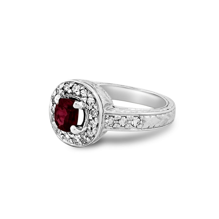 Round Ruby and Round Diamond Halo Cocktail Ring in 14k White Gold