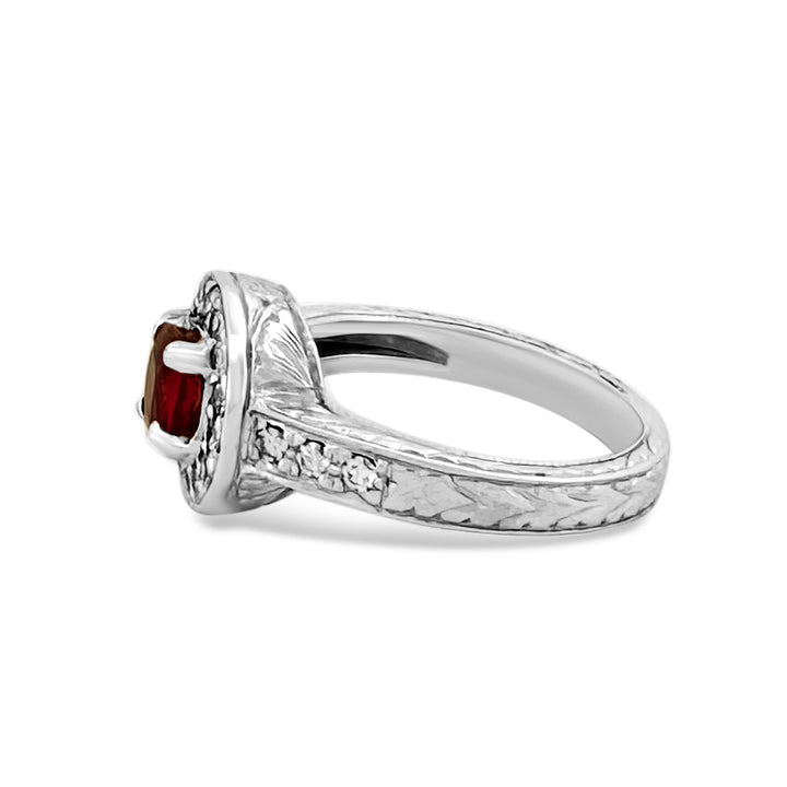 Round Ruby and Round Diamond Halo Cocktail Ring in 14k White Gold