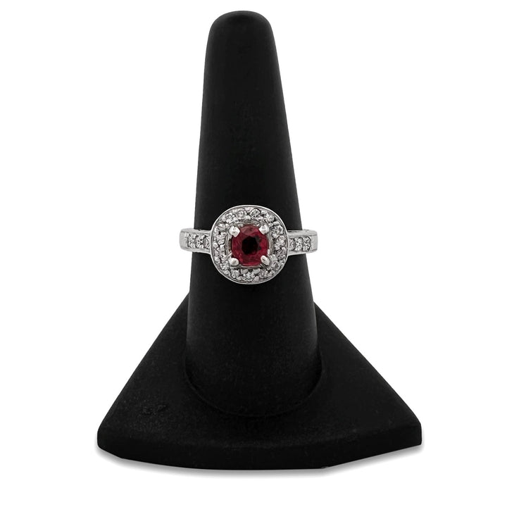 Round Ruby and Round Diamond Halo Cocktail Ring in 14k White Gold