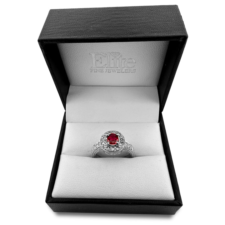 Round Ruby and Round Diamond Halo Cocktail Ring in 14k White Gold