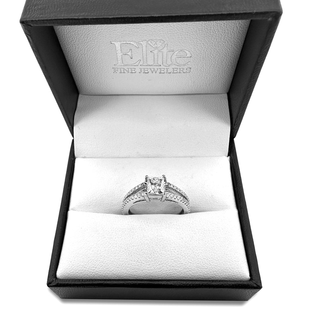 EGL Graded 1.01ct Princess Cut & Round Brilliant Natural Diamond Split-Shank Engagement Ring in 14k White Gold