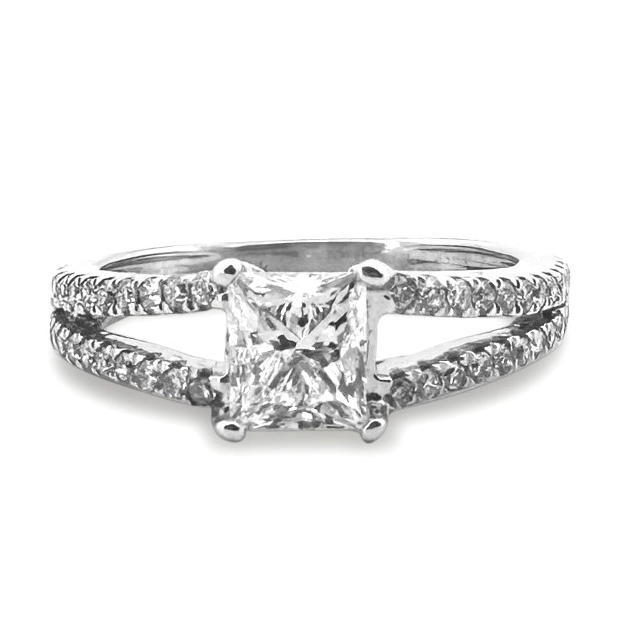 EGL Graded 1.01ct Princess Cut & Round Brilliant Natural Diamond Split-Shank Engagement Ring in 14k White Gold