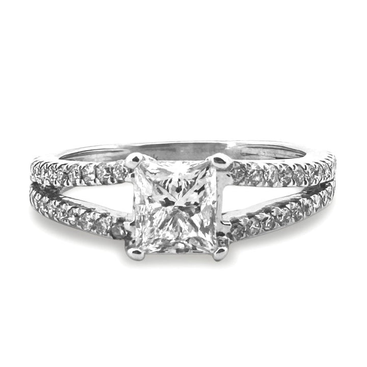 EGL Graded 1.01ct Princess Cut & Round Brilliant Natural Diamond Split-Shank Engagement Ring in 14k White Gold