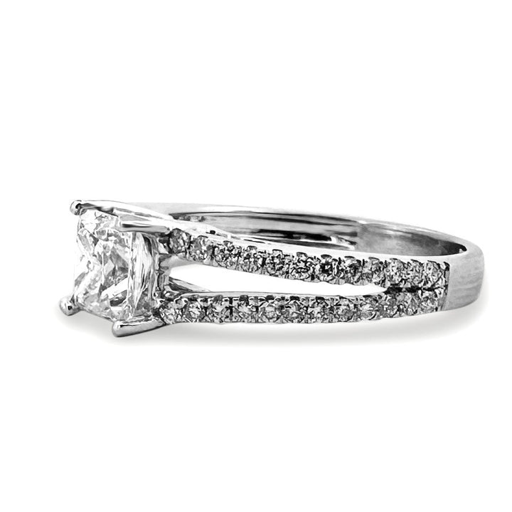 EGL Graded 1.01ct Princess Cut & Round Brilliant Natural Diamond Split-Shank Engagement Ring in 14k White Gold