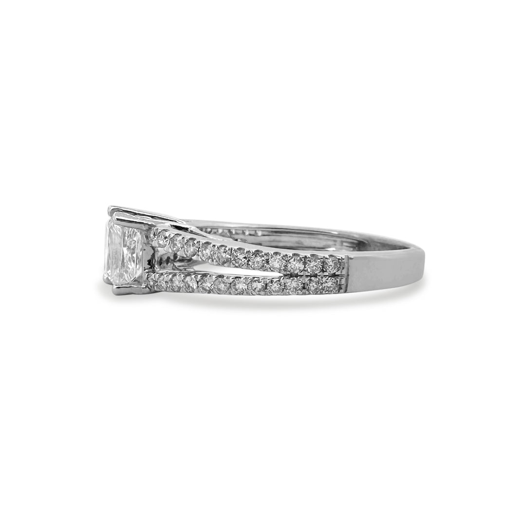 EGL Graded 1.51ctw Princess Cut & Round Brilliant Natural Diamond Split Shank Engagement Ring in 14k White Gold