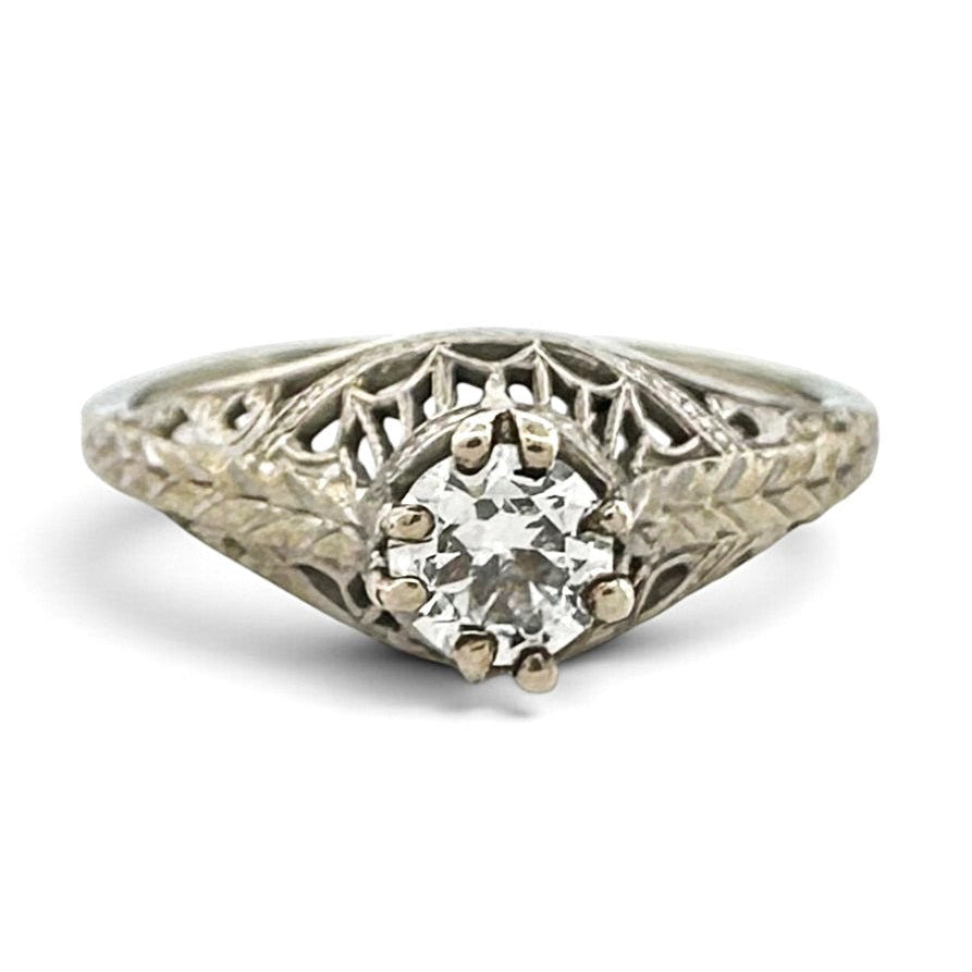 Art Deco 0.32ct Old European Cut Natural Diamond Solitaire Filigree Engagement Ring in 18k White Gold