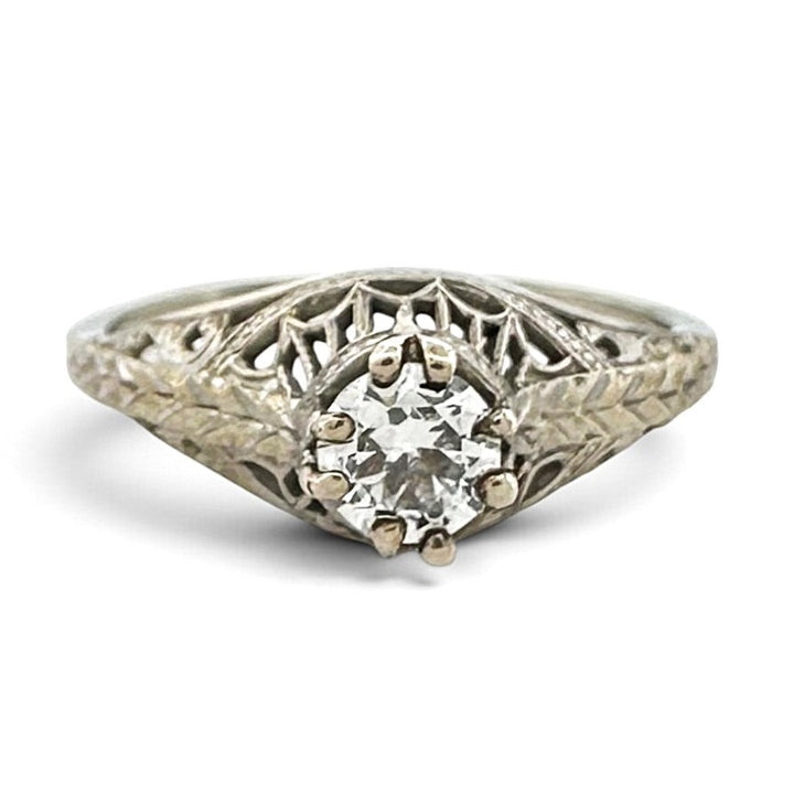 Art Deco 0.32ct Old European Cut Natural Diamond Solitaire Filigree Engagement Ring in 18k White Gold