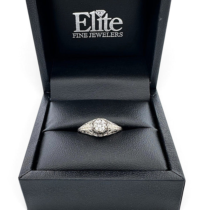 Art Deco 0.32ct Old European Cut Natural Diamond Solitaire Filigree Engagement Ring in 18k White Gold