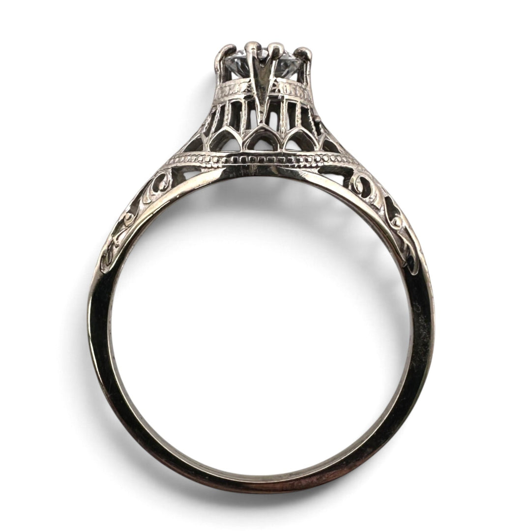 Art Deco 0.32ct Old European Cut Natural Diamond Solitaire Filigree Engagement Ring in 18k White Gold