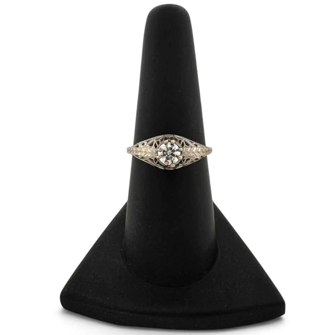 Art Deco 0.32ct Old European Cut Natural Diamond Solitaire Filigree Engagement Ring in 18k White Gold