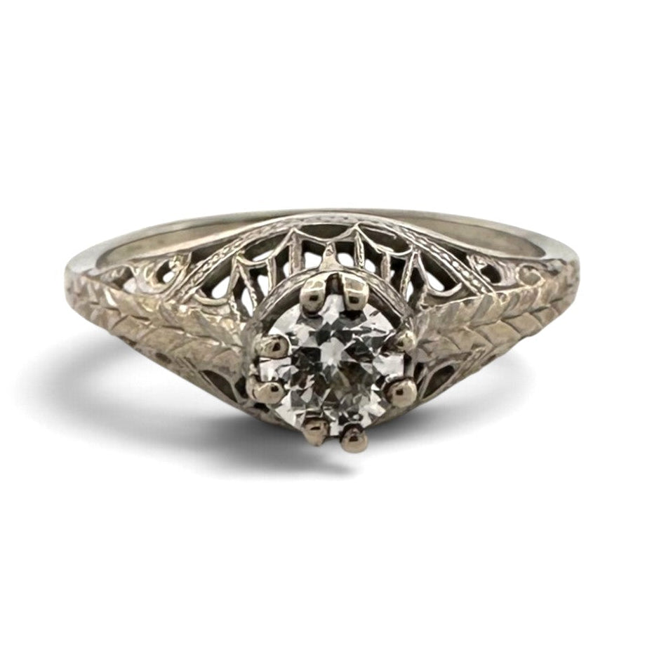 Art Deco 0.32ct Old European Cut Natural Diamond Solitaire Filigree Engagement Ring in 18k White Gold