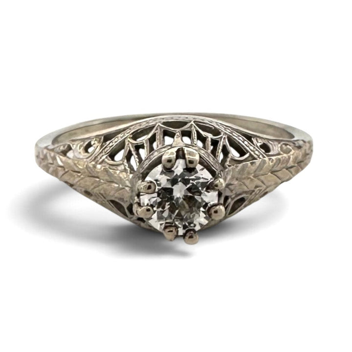 Art Deco 0.32ct Old European Cut Natural Diamond Solitaire Filigree Engagement Ring in 18k White Gold