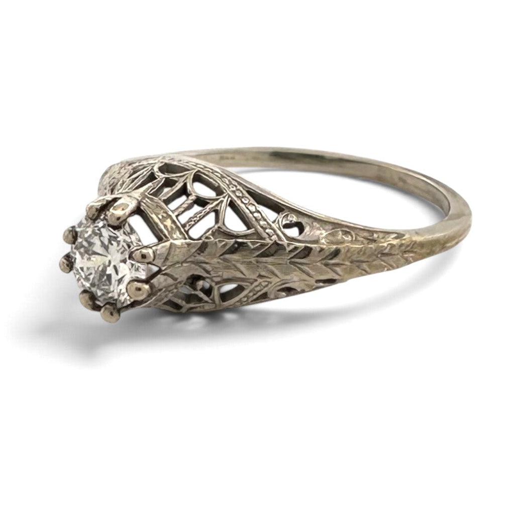 Art Deco 0.32ct Old European Cut Natural Diamond Solitaire Filigree Engagement Ring in 18k White Gold