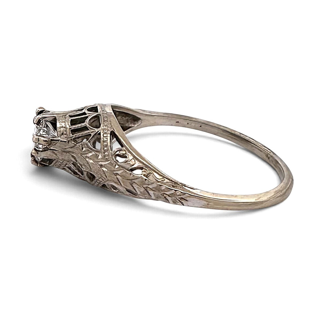 Art Deco 0.32ct Old European Cut Natural Diamond Solitaire Filigree Engagement Ring in 18k White Gold