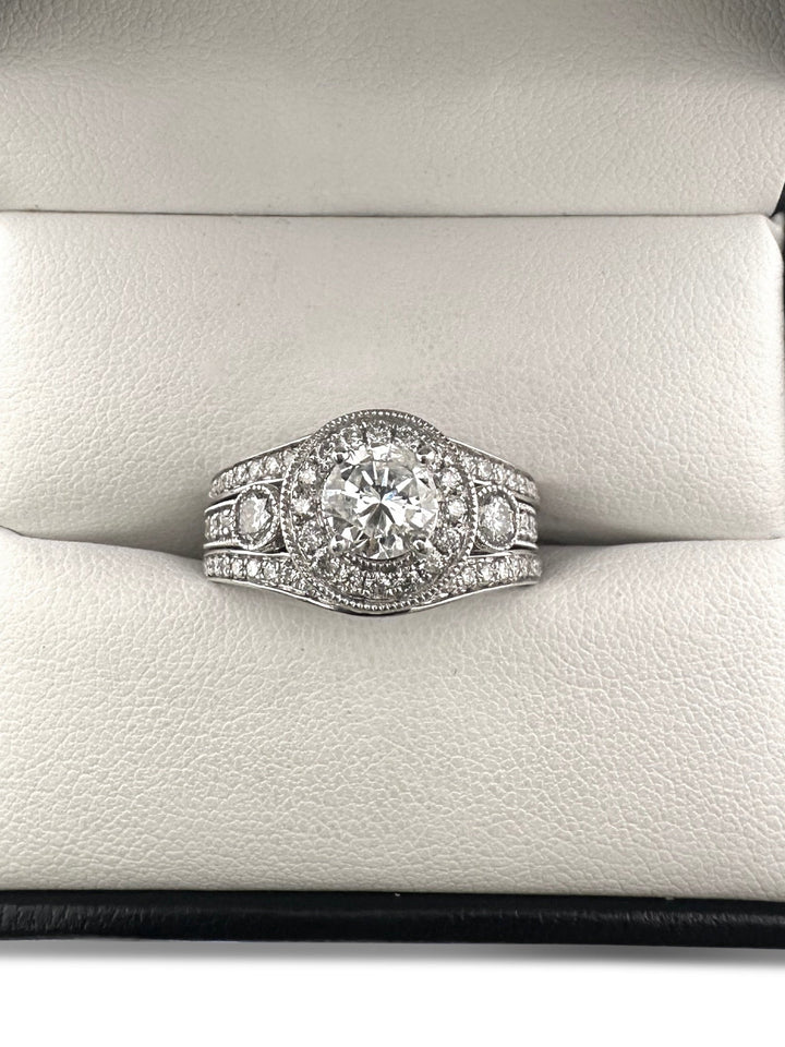 1.74ctw Round Brilliant Natural Diamond Engagement Ring & Jacket Wedding Set in 14k White Gold