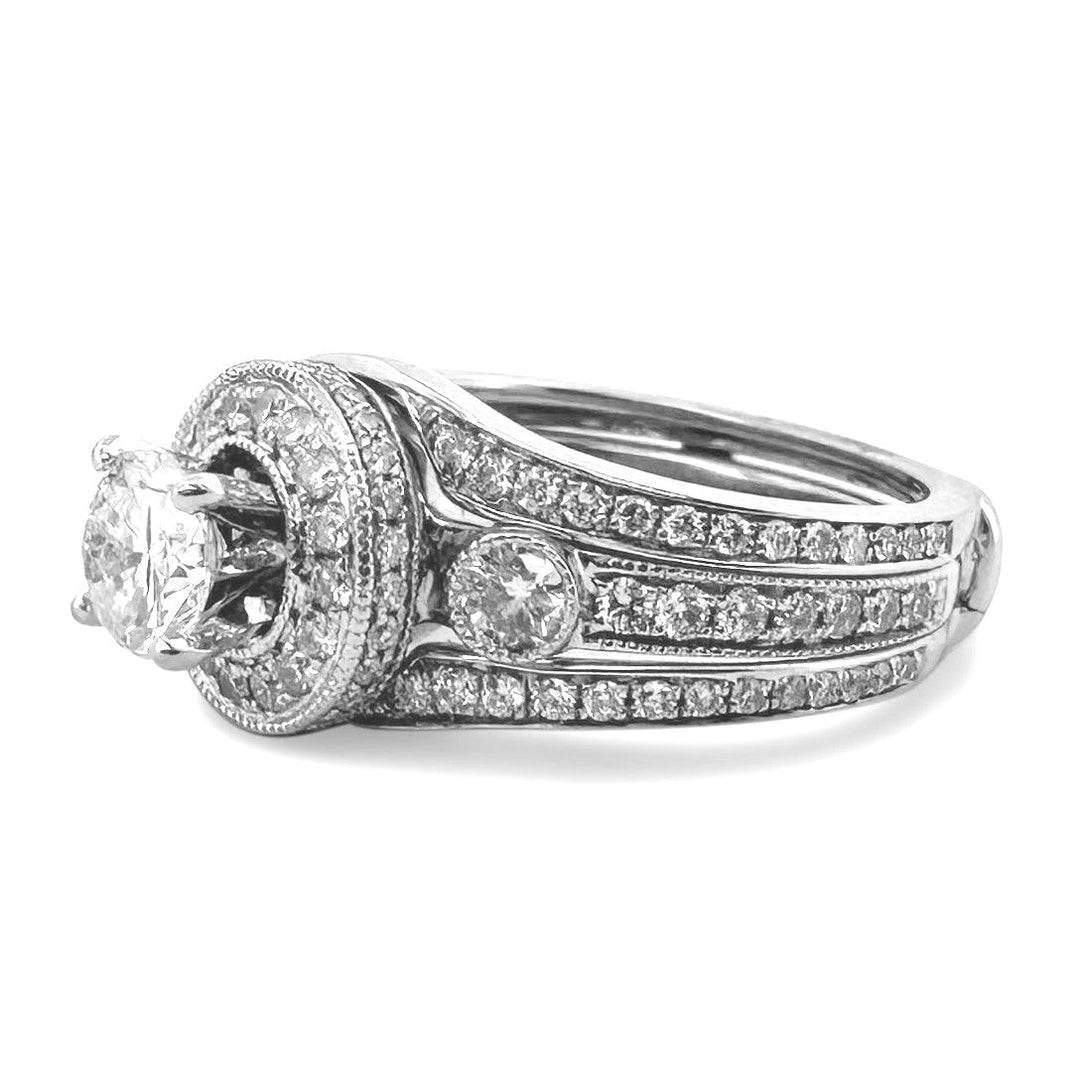 1.74ctw Round Brilliant Natural Diamond Engagement Ring & Jacket Wedding Set in 14k White Gold