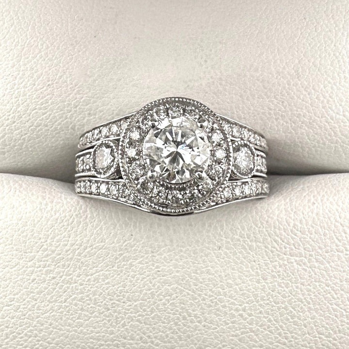 1.74ctw Round Brilliant Natural Diamond Engagement Ring & Jacket Wedding Set in 14k White Gold