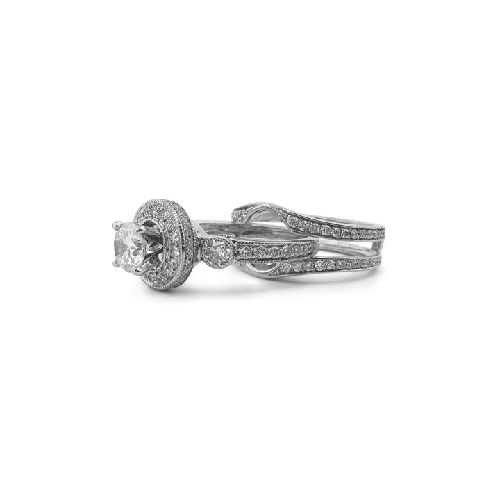 1.74ctw Round Brilliant Natural Diamond Engagement Ring & Jacket Wedding Set in 14k White Gold