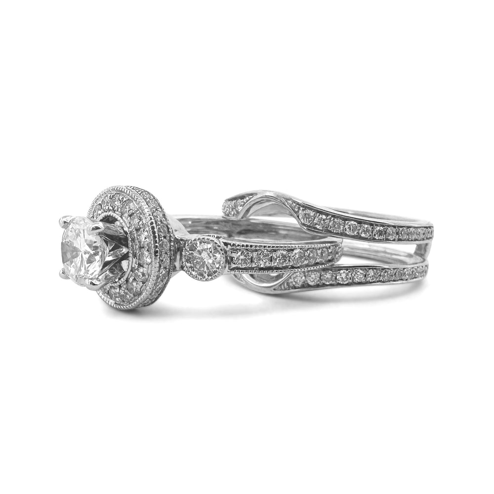 1.74ctw Round Brilliant Natural Diamond Engagement Ring & Jacket Wedding Set in 14k White Gold