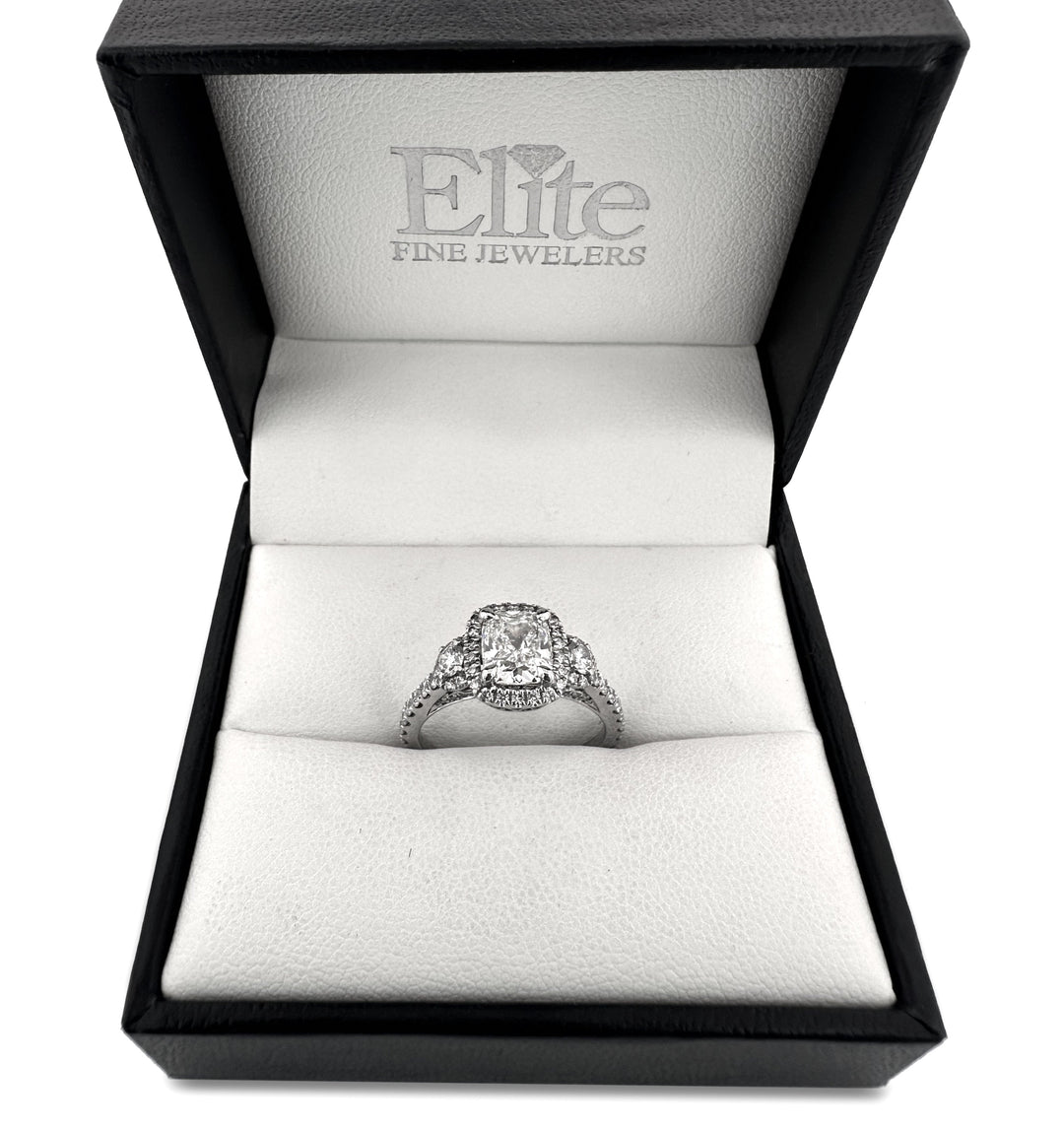 GIA Graded 1.78ctw Cushion Cut & Round Brilliant Natural Diamond Engagement Ring in 14k White Gold