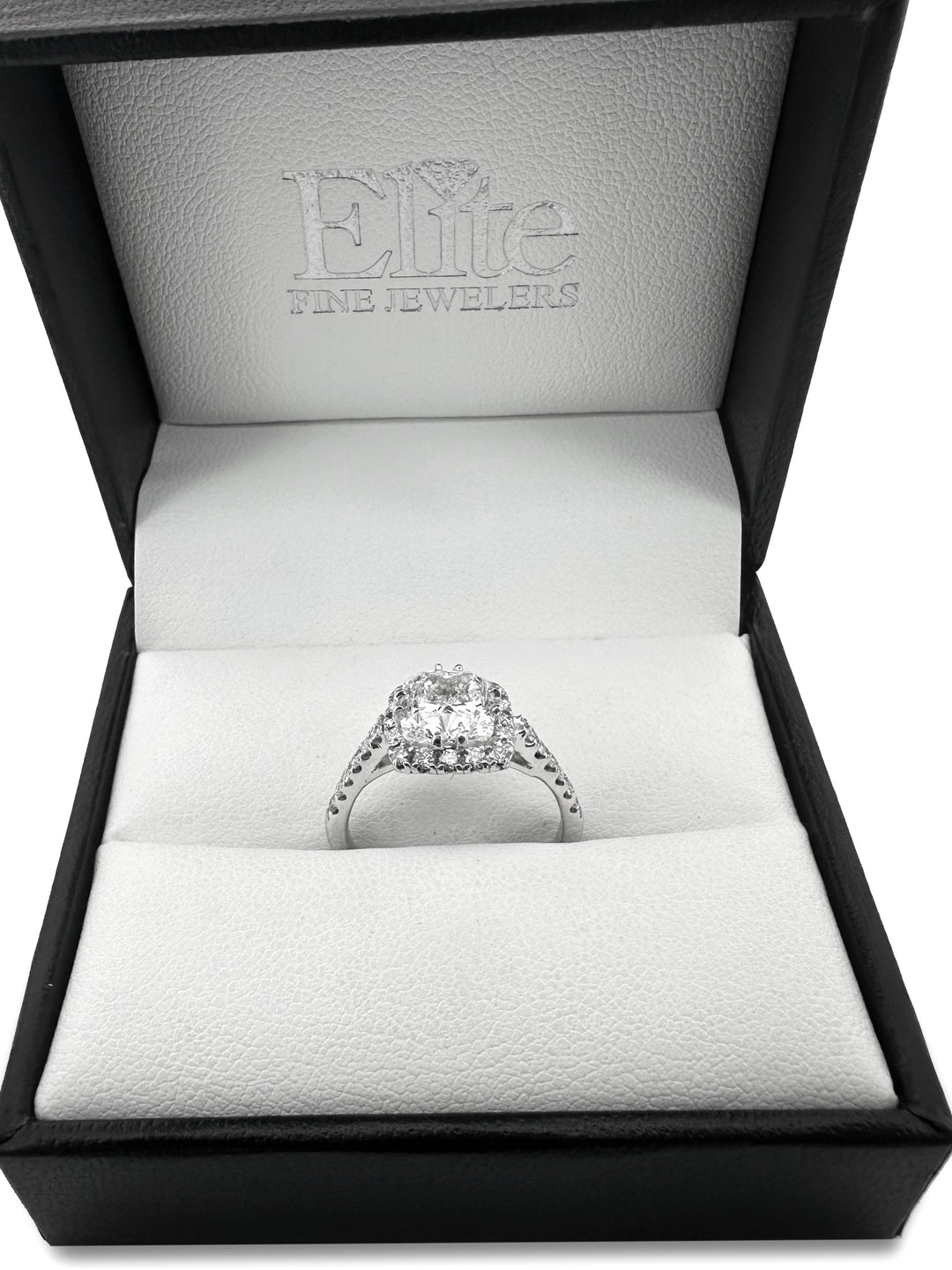 GIA Graded 2.12ctw Cushion Cut & Round Brilliant Halo Natural Diamond Engagement Ring in 14k White Gold