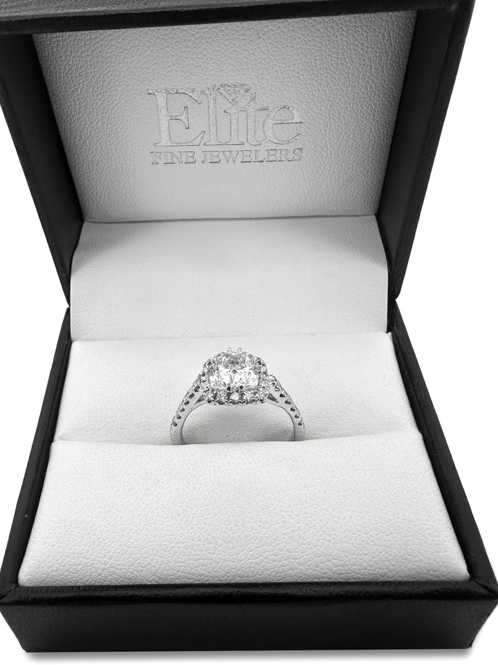 GIA Graded 2.12ctw Cushion Cut & Round Brilliant Halo Natural Diamond Engagement Ring in 14k White Gold