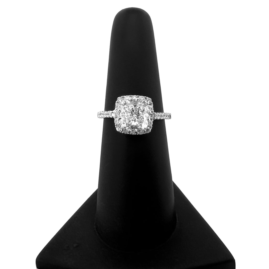 GIA Graded 2.12ctw Cushion Cut & Round Brilliant Halo Natural Diamond Engagement Ring in 14k White Gold