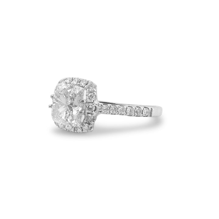 GIA Graded Cushion Cut & Round Brilliant Halo Natural Diamond Engagement Ring in 14k White Gold
