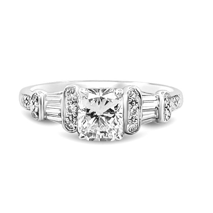 GIA Graded Radiant Cut With Baguette & Round Brilliant Natural Diamond Engagement Ring in 14k White Gold