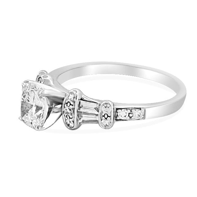 GIA Graded Radiant Cut With Baguette & Round Brilliant Natural Diamond Engagement Ring in 14k White Gold