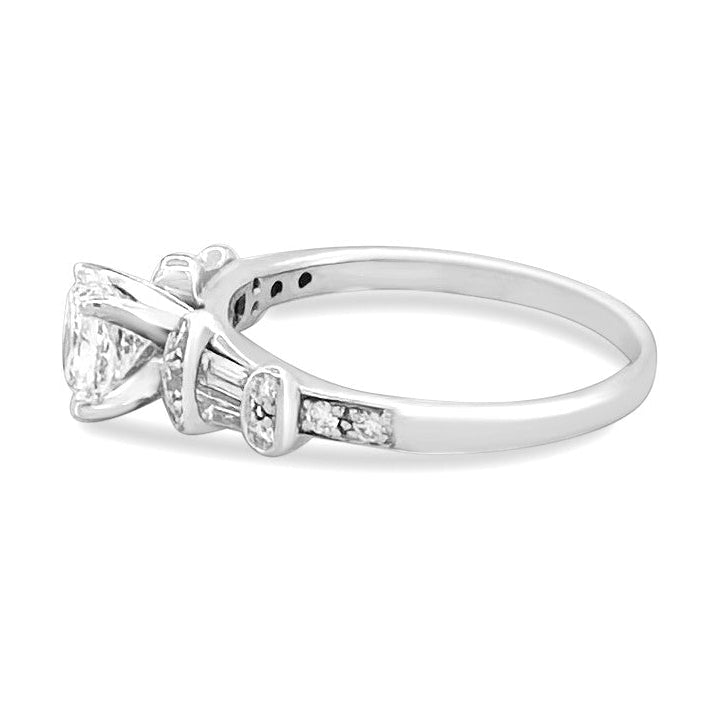 GIA Graded Radiant Cut With Baguette & Round Brilliant Natural Diamond Engagement Ring in 14k White Gold