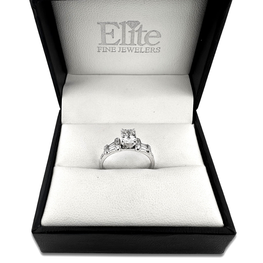 GIA Graded Radiant Cut With Baguette & Round Brilliant Natural Diamond Engagement Ring in 14k White Gold