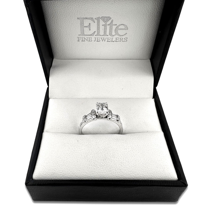 GIA Graded Radiant Cut With Baguette & Round Brilliant Natural Diamond Engagement Ring in 14k White Gold