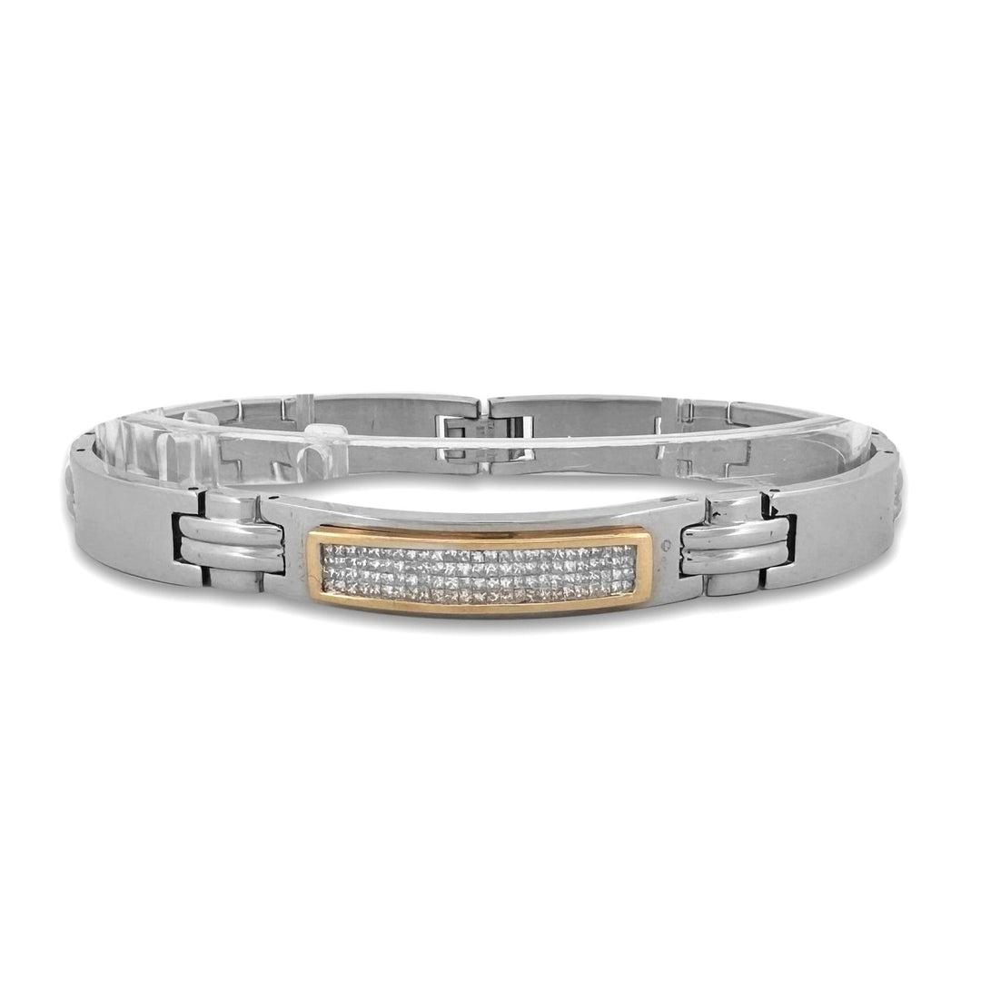 2.50ctw Princess Cut Natural Diamond Men's Bracelet in Stainless Steel & 14k Yellow Gold