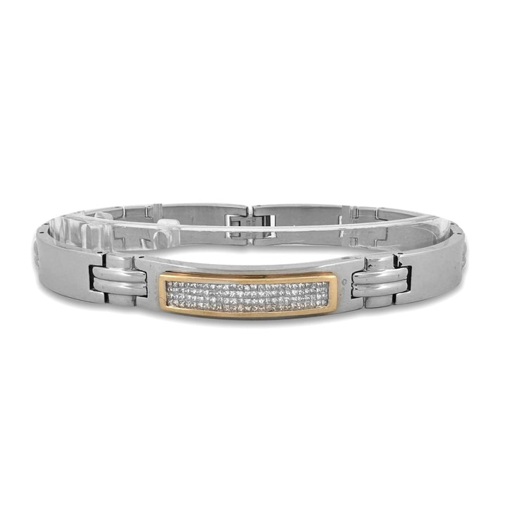 2.50ctw Princess Cut Natural Diamond Men's Bracelet in Stainless Steel & 14k Yellow Gold