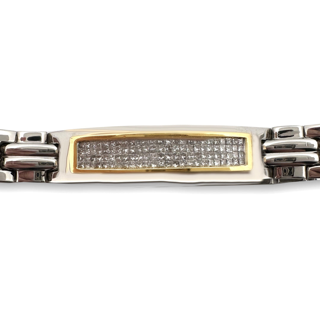 2.50ctw Princess Cut Natural Diamond Men's Bracelet in Stainless Steel & 14k Yellow Gold