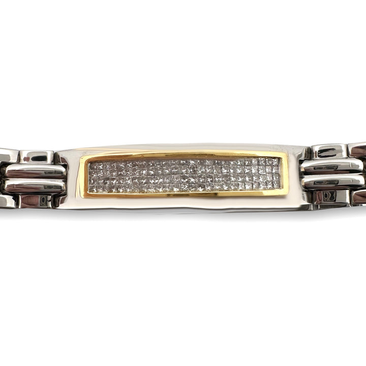 2.50ctw Princess Cut Natural Diamond Men's Bracelet in Stainless Steel & 14k Yellow Gold