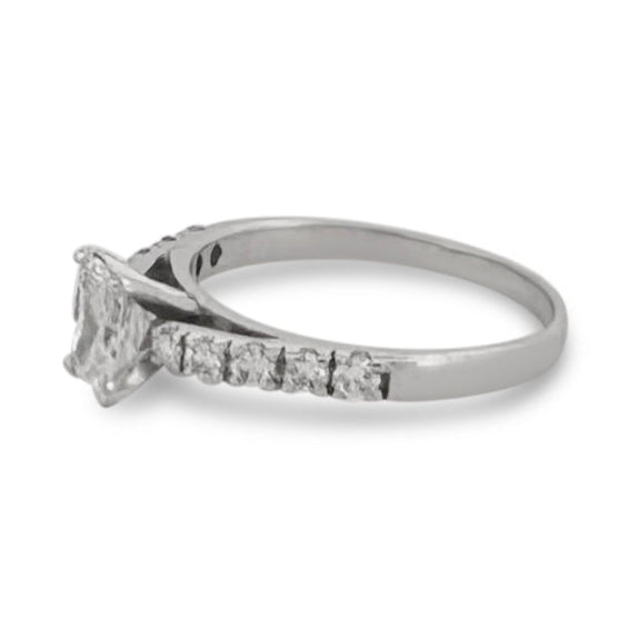 IGI Graded 0.88ct Radiant Cut Center & Round Brilliant Natural Diamond Engagement Ring in 14k White Gold