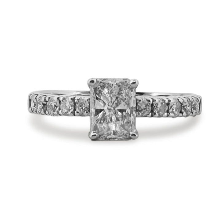 IGI Graded 0.88ct Radiant Cut Center & Round Brilliant Natural Diamond Engagement Ring in 14k White Gold