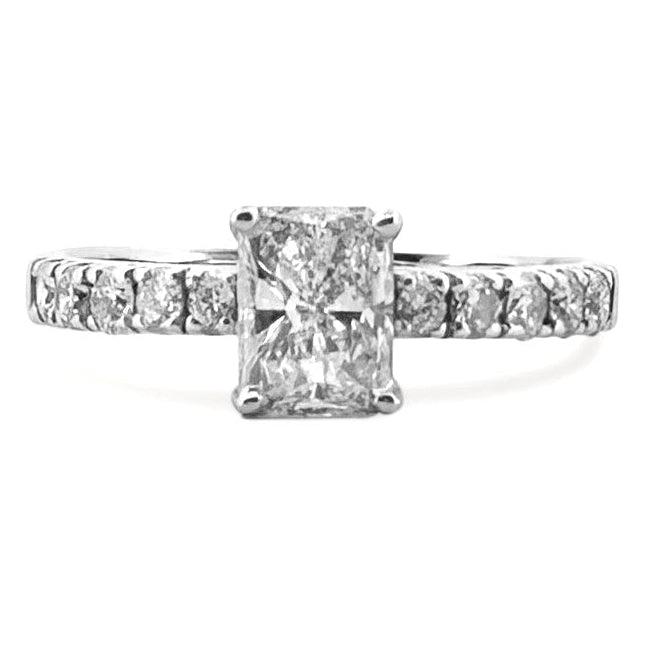 IGI Graded 0.88ct Radiant Cut Center & Round Brilliant Natural Diamond Engagement Ring in 14k White Gold