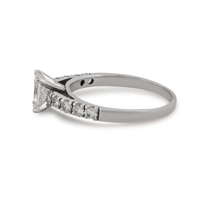 IGI Graded 0.88ct Radiant Cut Center & Round Brilliant Natural Diamond Engagement Ring in 14k White Gold