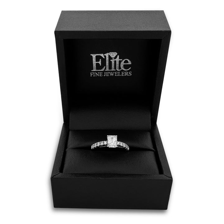 IGI Graded 0.88ct Radiant Cut Center & Round Brilliant Natural Diamond Engagement Ring in 14k White Gold