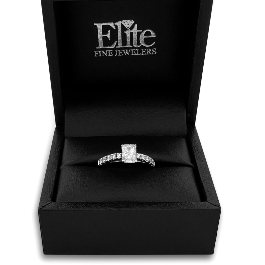 IGI Graded 0.88ct Radiant Cut Center & Round Brilliant Natural Diamond Engagement Ring in 14k White Gold