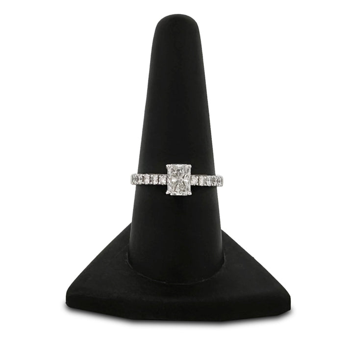 IGI Graded 0.88ct Radiant Cut Center & Round Brilliant Natural Diamond Engagement Ring in 14k White Gold