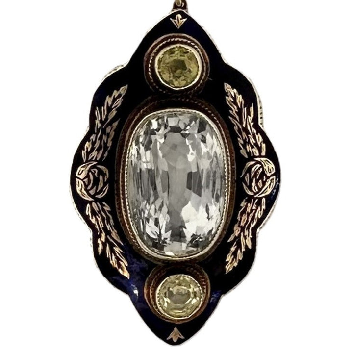 15 Carat Yellow Sapphire and Blue Enamel Victorian Pendant in 18k Gold